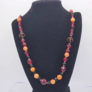 Beautiful Black Red Faceted Glass Crystals with Speckled Orange Glass Beads Neck